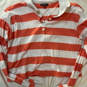 Small Pink and White Stripped Long Sleeve Cropped Polo Shirt